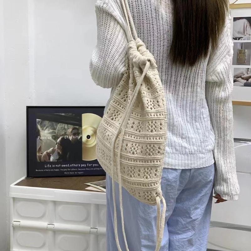 New Casual Knitted Hollow Backpack Large Capacity Solid Color Backpack Fashionable Girl Bucket Bag