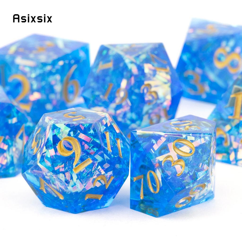 7 Pcs Blue Resin Golden Number Sharp Edge Dice Polyhedral Dice Suitable for Role-Playing RPG Board Game