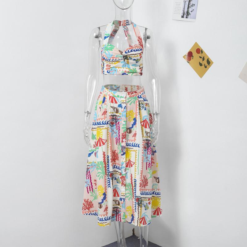 Женские сексуальные напечатанные юбки-халтер, летние костюмы без рукавов, укороченный топ с открытой спиной, однобортные юбки с разрезом, комплекты из двух частей