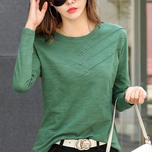 2023 Fashion O-neck Long Sleeve Shirt Women Tops Cotton T-shirt Autumn Solid Loose All-match Office Lady Korean Clothes 10800