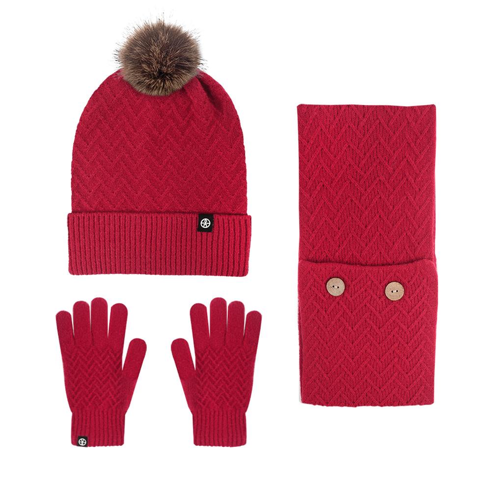 Ankola Red Hat Scarf Glove Cover Set Winter Warm Outdoor Cold Thickened Velvet Ear Protector Knitted Hat