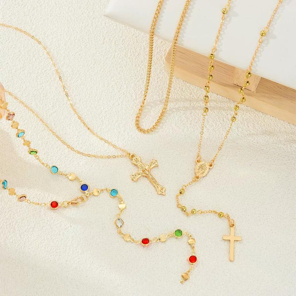 4Pcs Trendy Cross Pendant Necklace For Women Colorful Crystal Chain Rosary Y Necklace Female Fashion Jewelry Gift