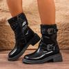 Fashion Vintage Buckle Strap Mid-Calf Boots for Women Brown Pu Leather Motorcycle Combat Shoes Woman Autumn Winter Chunky Heel Booties