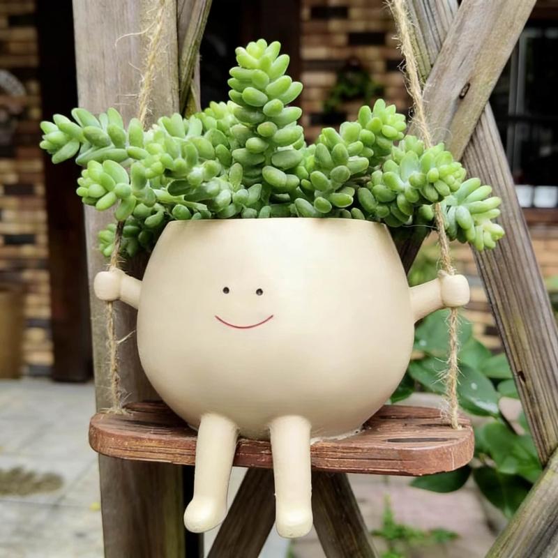 Smiley Face Resin Succulent Planter Mini Creative Personality Desktop Decoration Ornament Practical Home Gift Potted Plant Conta