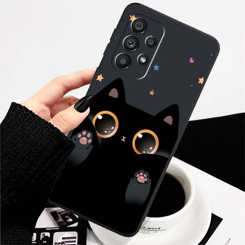 Мультяшный Милый Кот Для Samsung A73 A72 A71 A55 A54 A53 A52 A51 A13 A22 A16 A15 A12 A14 A26 A07 5G Черный Чехол для Телефона