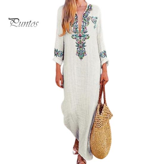 Женское осенне-весеннее платье с V-образным вырезом, нерегулярным подолом, цветочным принтом и длинными рукавами, свободное с разрезом по бокам, повседневное пляжное платье макси в этническом стиле