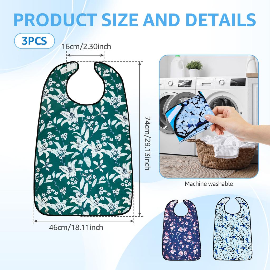 3 Pcs Adult Bib Polyester Waterproof Clothing Protector with Crumb Catcher Exquisite Floral Design Washable Elderly Eating Bib