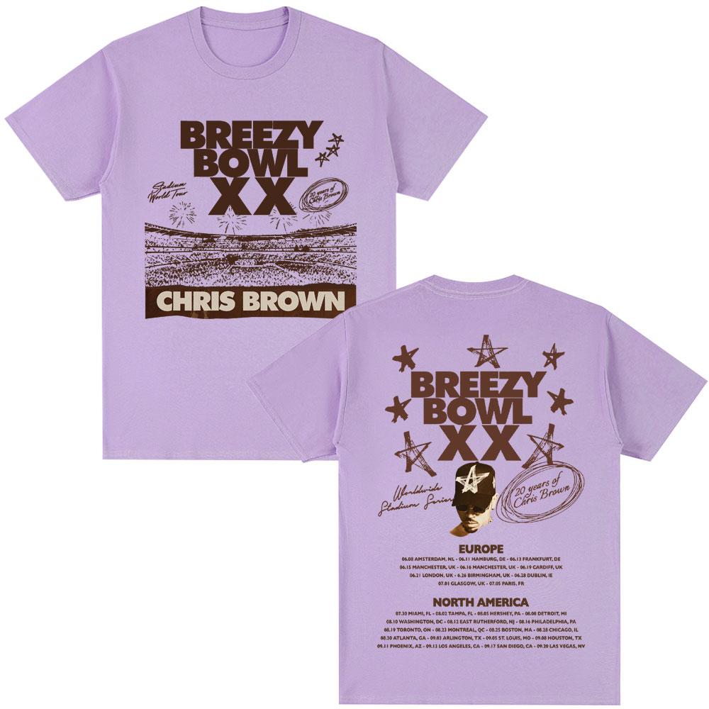 Футболка Rapper Chris Brown Breezy Bowl XX Tour 2025 Мужская Хип-Хоп Ретро С Коротким Рукавом Оверсайз Хлопковая Повседневная Футболка Уличная Одежда