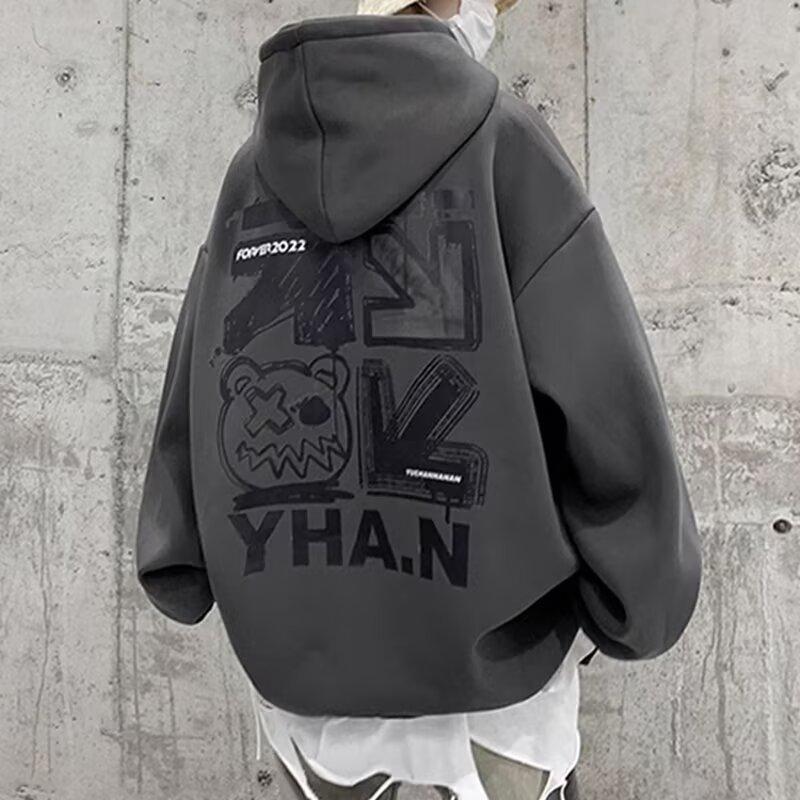 Мужская свободная толстовка с капюшоном в гонконгском стиле 2024 года - Модный принт с буквами, универсальная куртка на весну/осень