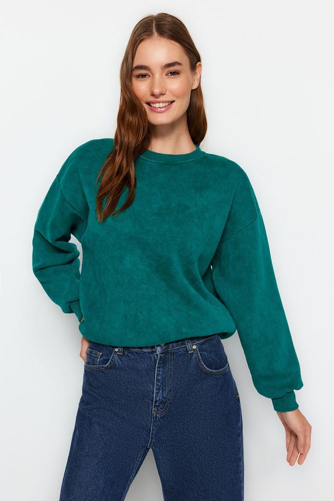 Women's Fashion New Sweatshirt Emerald Green Vintage Faded Effect Thick Inside Fleece Oversize Wide Fit Sweatshirt