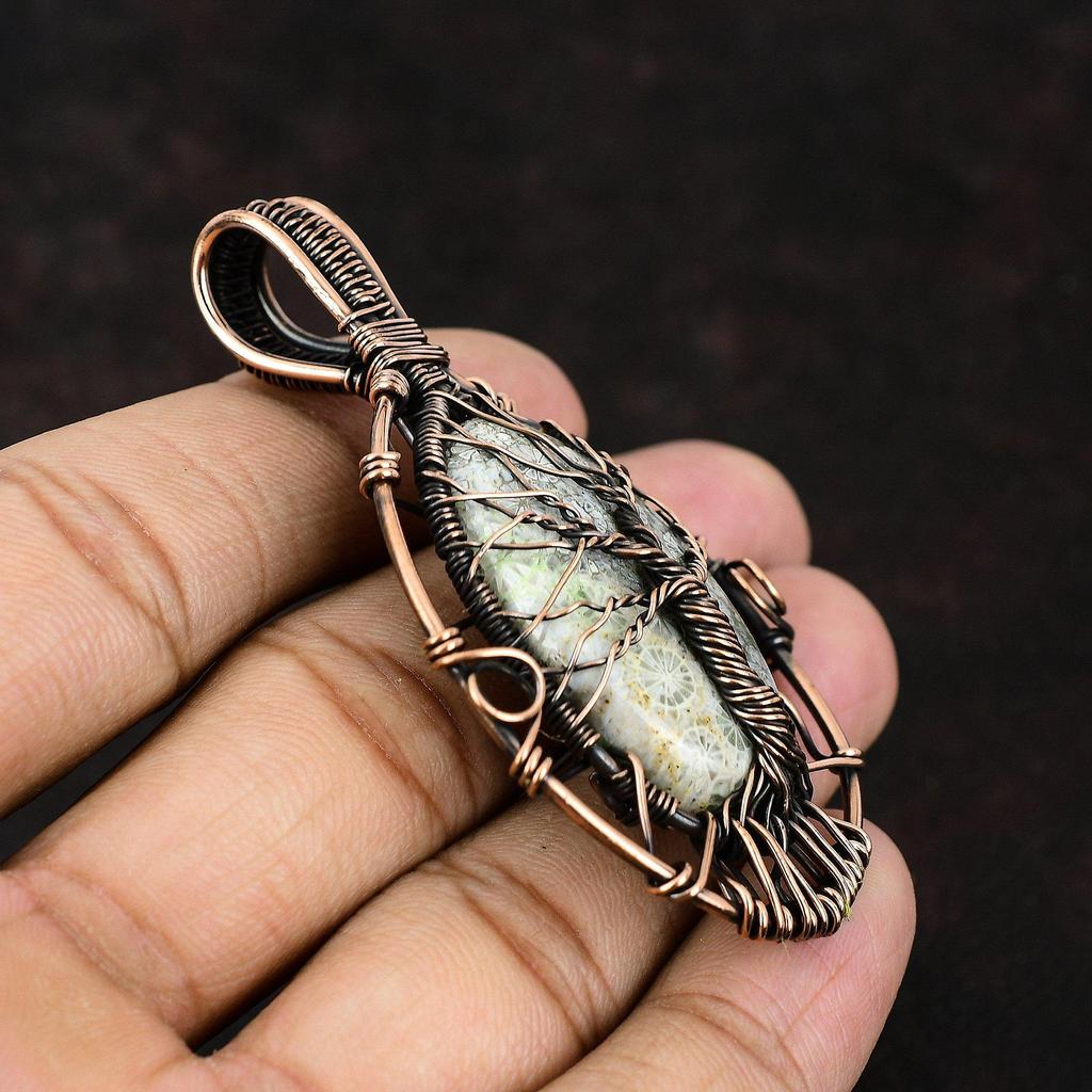 Древо жизни ископаемый коралловый драгоценный камень кулон медная проволока обернутый кулон ручная работа медные украшения подарок для нее ископаемый коралловый драгоценности для женщин