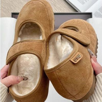 [Армано] Высота каблука 4 см Туфли Мэри Джейн пушистые туфли замша липучка бархат теплые повседневные хлопковые туфли зима