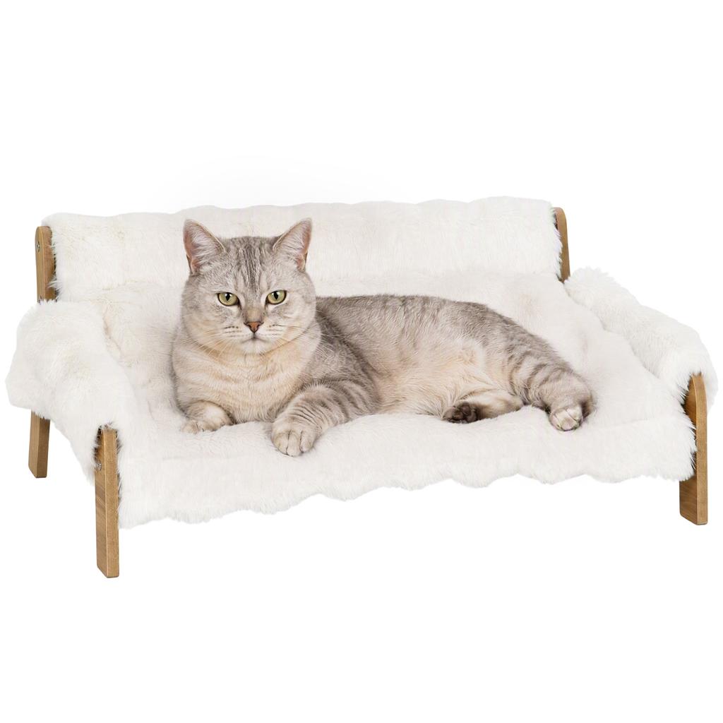 Elevated Dog/Cat Sofa Bed, Wooden, Removable Plush Cushion, Non-Slip Feet, 70 x 47 x 30 cm, White