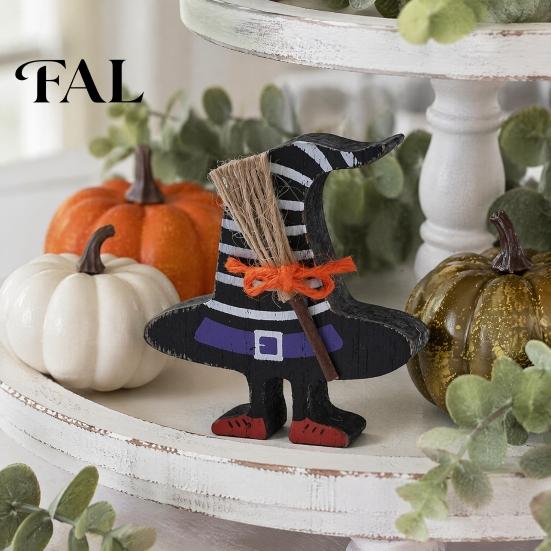Halloween Home Decor Wooden Table Sign, Cute Ghost Witch Hat Bat Freestanding Tiered Tray Decorations Ornament, Rustic Farmhouse Tabletop Block