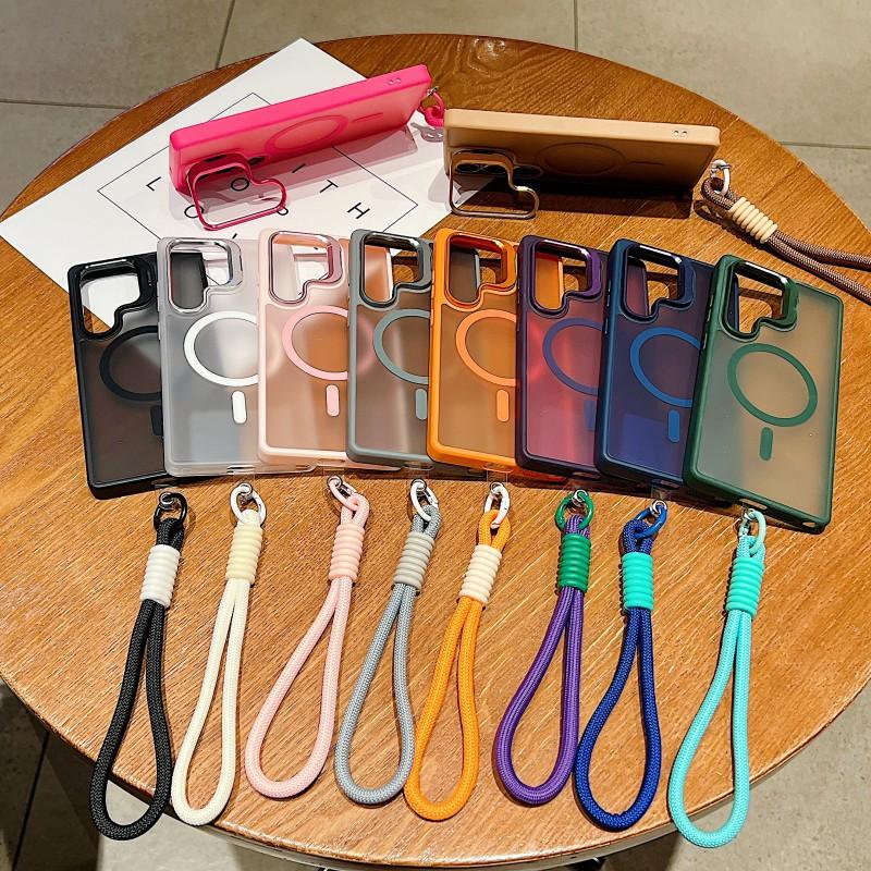 Metal Lens Holder Case For Samsung Galaxy S25 Ultra S23 S24 FE A56 A36 A16 Frosted Magnetic Wireless Charging Wrist Strap Cover