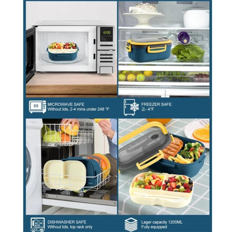 1200 мл 2-слойный ланч-бокс Bento с ложкой и вилкой, детские контейнеры для еды в микроволновой печи большой емкости, портативные герметичные для офиса и кемпинга