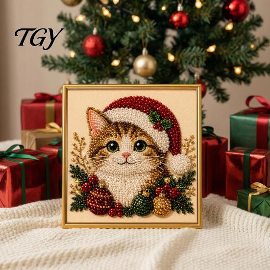 Christmas Themed DIY Projects Faux Pearl Art Kit, Xmas Hat Cat Dog Painting Holiday Home Decor Ornaments 3D Puppy Bead Craft Kit for Adults,