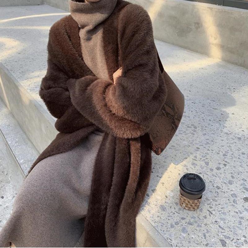 Женский осенний модный свитер из искусственного норкового бархата, пальто, женские вязаные куртки с v-образным вырезом, женский длинный кардиган, пальто