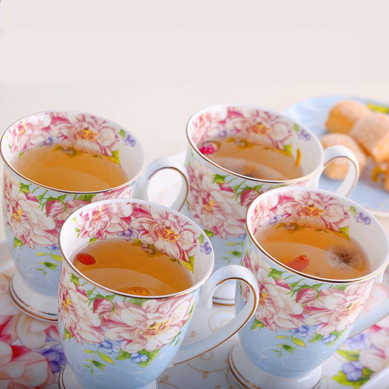 Fine Bone China Coffee Mugs Set of 4, Hand Drawn Gold Rimmed Floral Mugs, Porcelain Bone China Tea Cup with Lid, 300ml Elegant Office Home Tea Sets