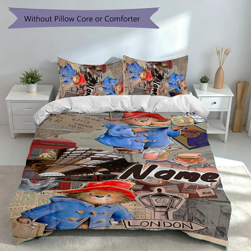 3pcs Custom Name Paddington Bear Bedding Set,Includes 1 Duvet Cover and 2 Pillowcases,All-season Bedroom Decor