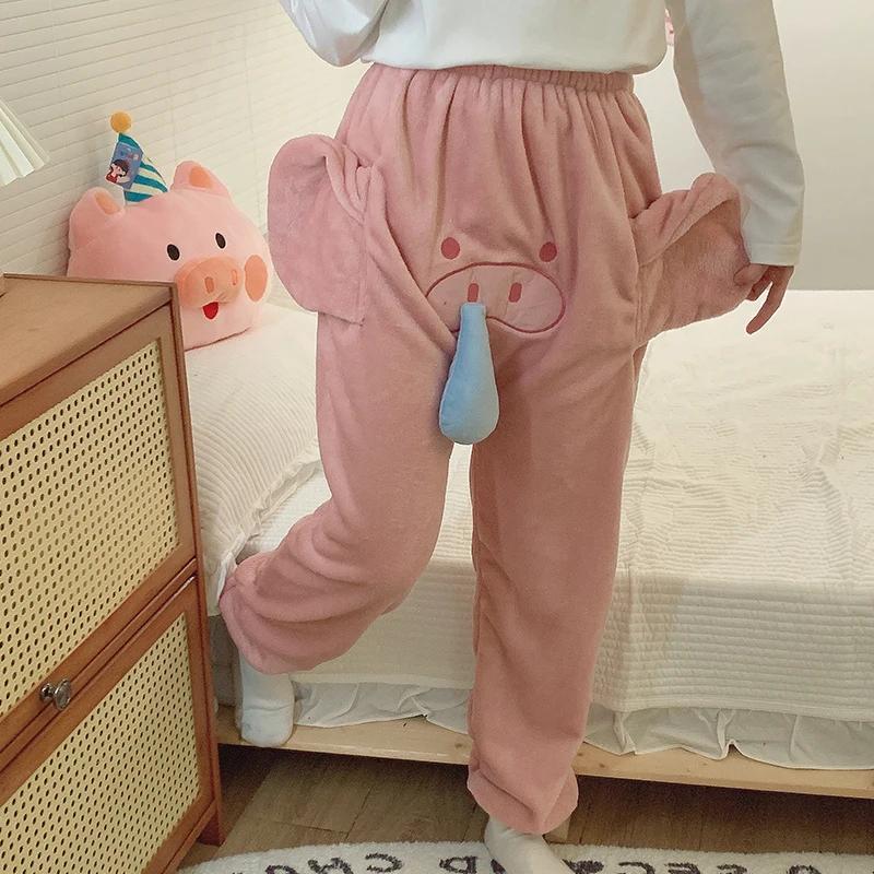 Пижама со слоном, фланелевая пижама, брюки с большим носом и ушами, милые брюки из кораллового бархата с изображением животных, домашняя одежда для осени и зимы
