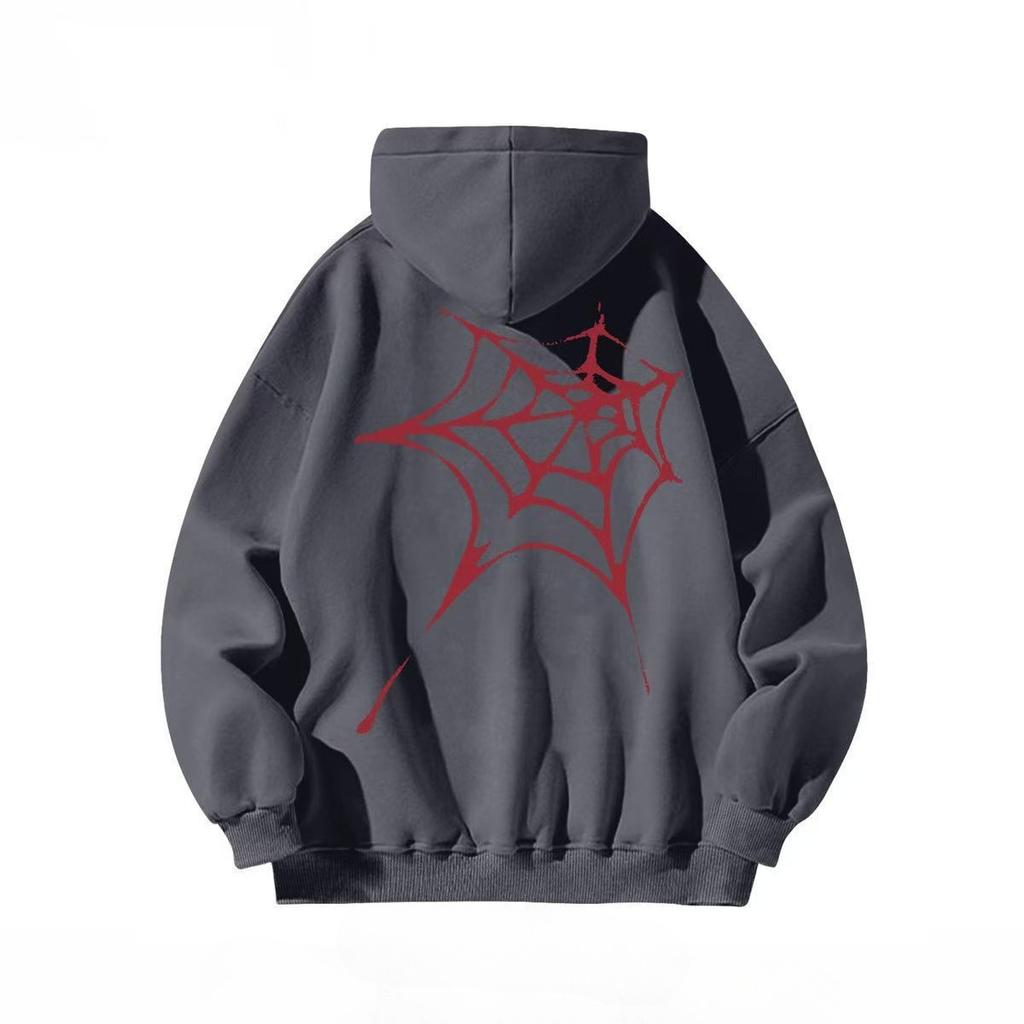 Мужская Женская Свободная Теплая Зимняя Модная Толстовка с Капюшоном с Принтом Красной Паутины на Спине