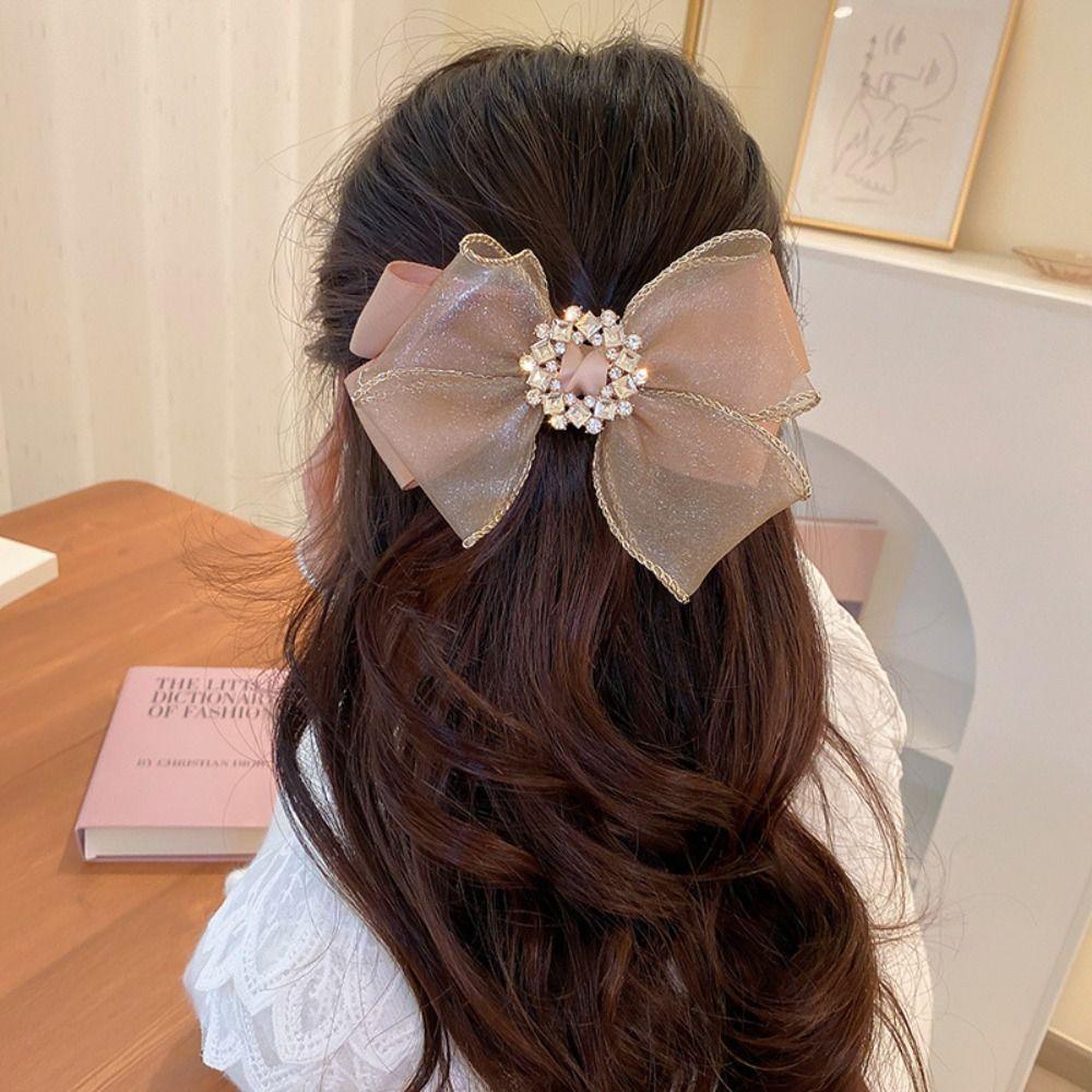Hair Ornament Mesh Hair Clip Large Size Crystal Hair Clip French Bow Hair Clip Lady