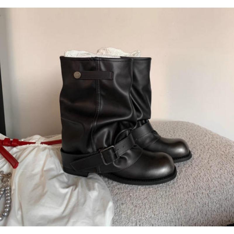 Cowhide Version Spice Girls Pant Tube Boots Women's Fashionable Wasteland Wind Pleated Buckle Western Cowboy Boots Short Boots