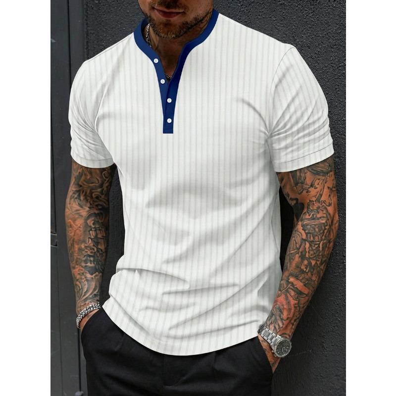 Мужская повседневная полосатая рубашка-henley с коротким рукавом и пуговицами