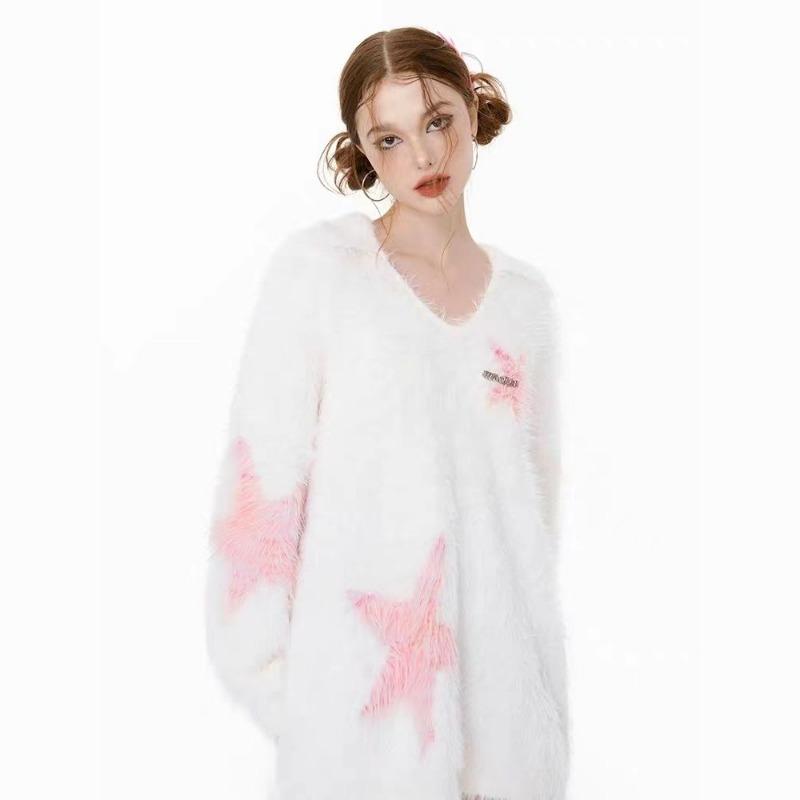 Star Contrasting Women's Sweater V-neck Plush Pullover Sweater Loose Oversized Autumn Winter Outerwear Woman Top