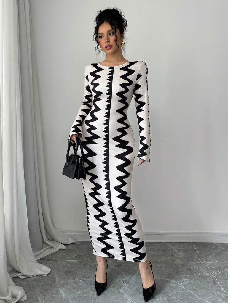 Европейское и американское облегающее платье с черно-белым принтом на осень/зиму 2025 года с круглым вырезом и длинными рукавами