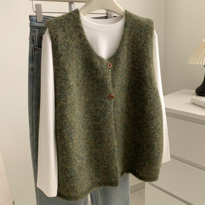 Литературный Винтажный Ленивый Стиль Вязаный Жилет на Двух Пуговицах Женский Весенне-Осенний Безрукавный Разрезной Свитер Жилет