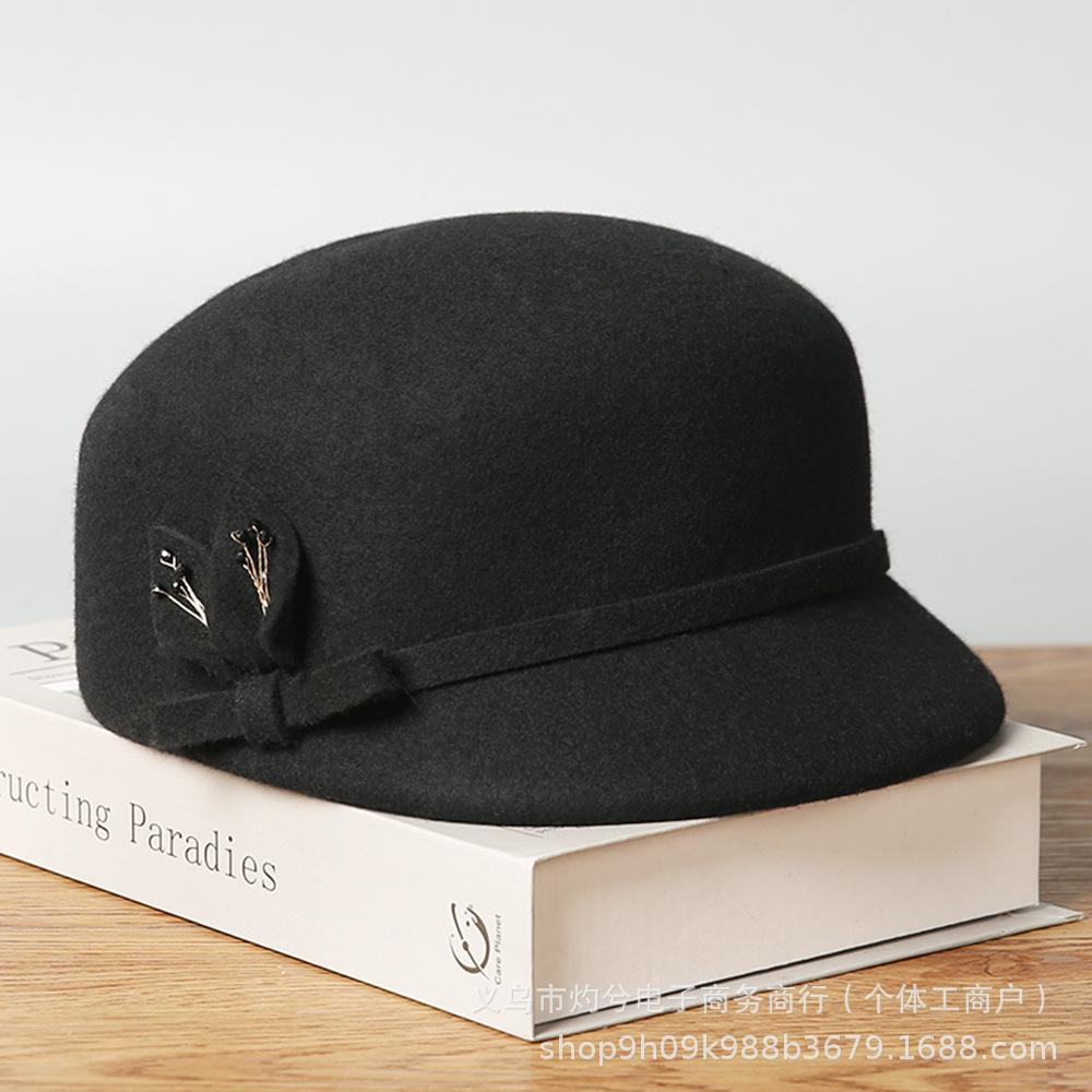 Wool personality temperament elegant bow equestrian hat three-dimensional casual women's senior sense cap octagonal hat tide