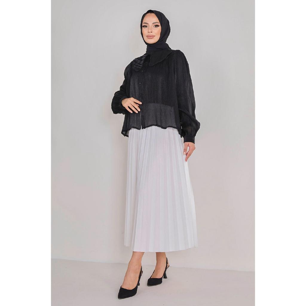 Однотонная женская черная плиссированная юбка среднего размера — 23036