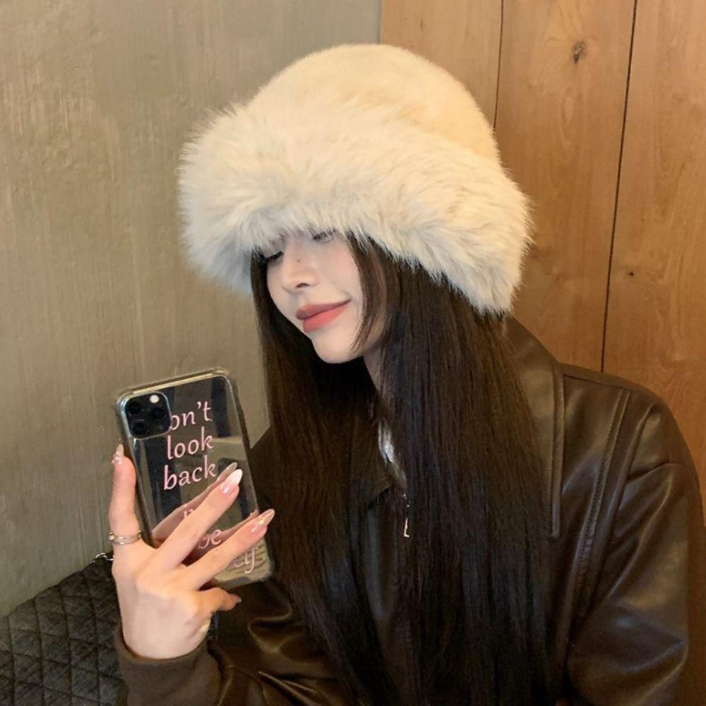 Korean Luxury Plush Hat Thicken Winter Fluffy Hats Fashion Faux Fur Bucket Hat Lady
