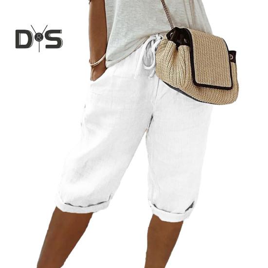 Повседневные брюки с карманами, дышащие, с эластичной резинкой на талии, однотонные, в винтажном стиле, свободные брюки до колена с завязками для женщин