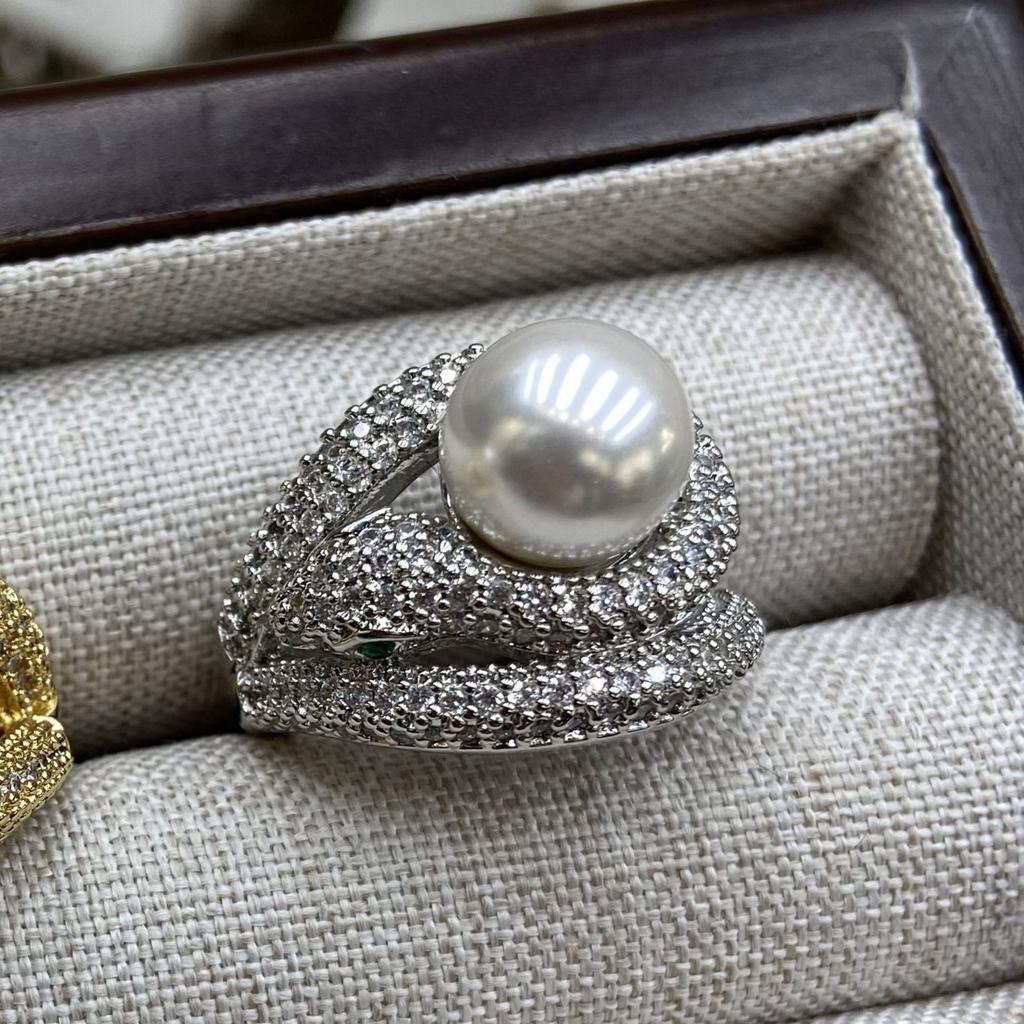 Кольцо с жемчугом в виде змеи, полное бриллиантов, женское, нишевое, дизайн, легкое, роскошное, открытое кольцо, изысканное, холодное, ветреное кольцо