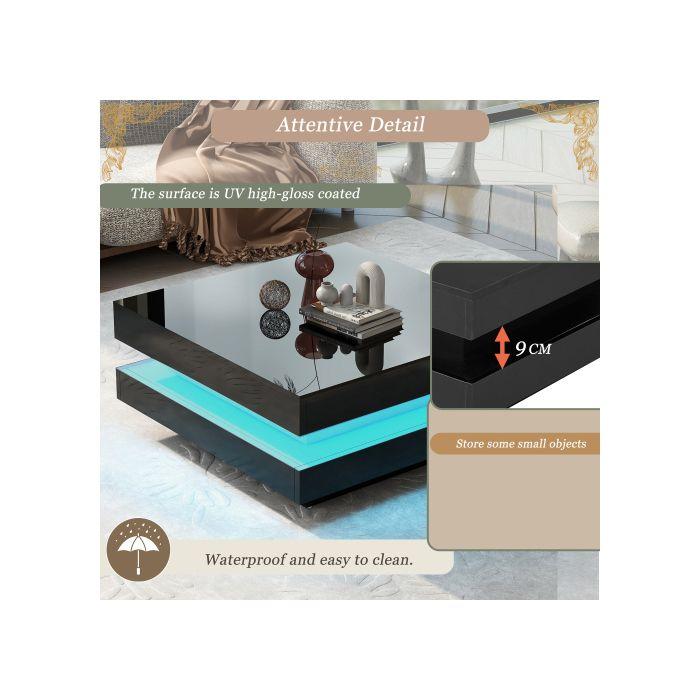 Table basse carrée noire - style technologique moderne avec éclairage LED 16 couleurs, 70x70x36 cm, charge max. 45kg