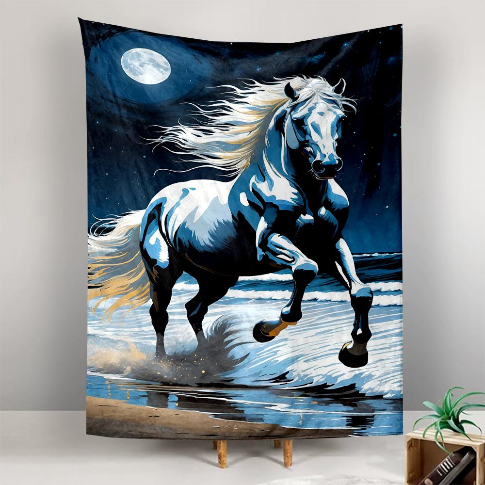 Majestic White Horse Running by Moonlight Patterned tapestry for bedroom and living room home decor