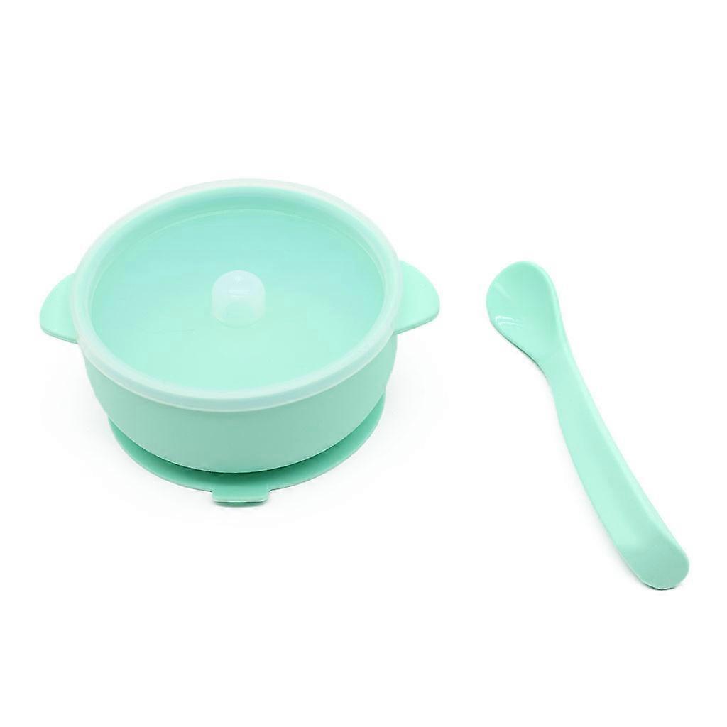 2 Pcs BPA Free Silicone Waterproof Baby Suction Bowl with Lid Training Spoon Set Non-Slip Learning Feeding Food Dish Mint Green