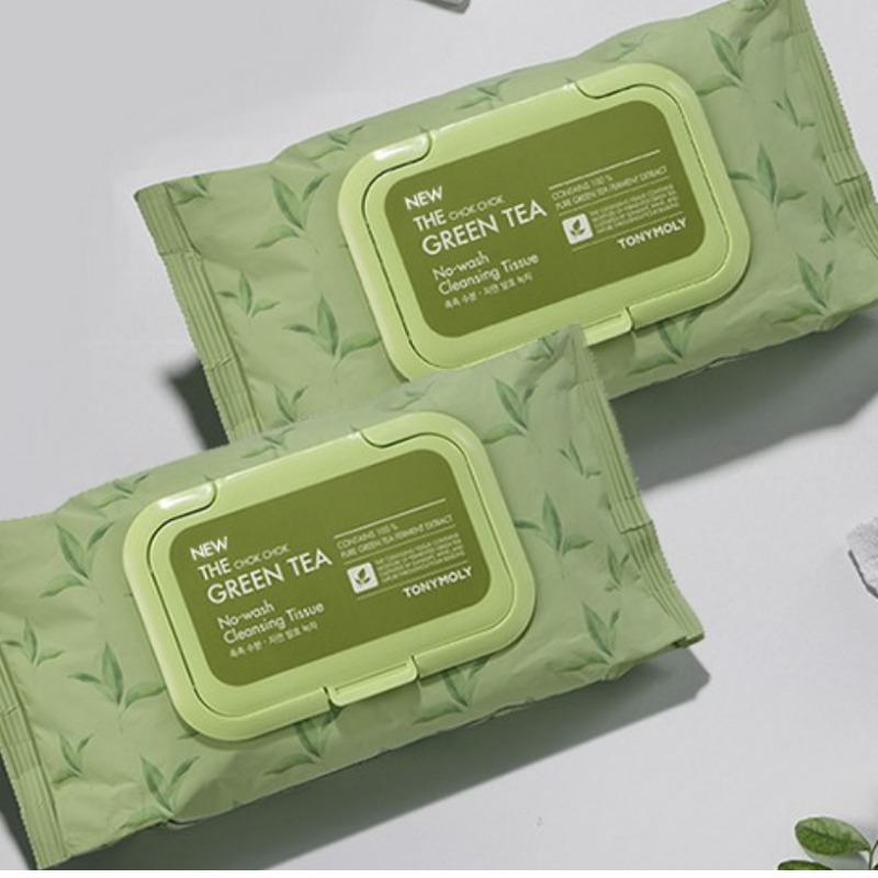 TONYMOLY The Chok Chok Green Tea No-Wash Cleansing Tissues Set – 100 Sheets × 2 Packs