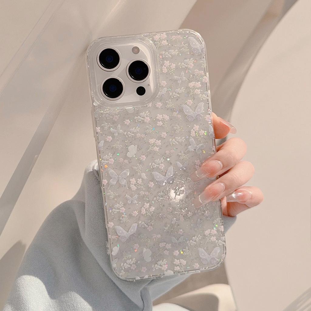 Spring Flowers Suitable for Apple 17promax Mobile Phone Case 16 Glitter Pink Purple Butterfly Iphone14 Transparent 13