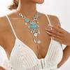 European and American Ethnic Style Exaggerated Pattern Inlaid Turquoise Alloy Necklace, Retro Design Y-shaped Neck Chain