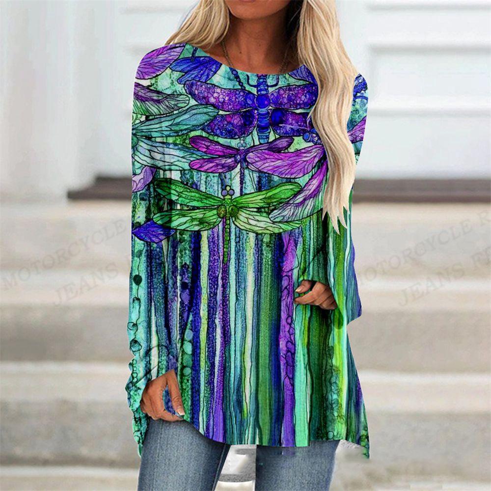 2023 Women's T-shirt Abstract Painting Print Tshirt Women Fashion T-shirt Plant Flowers T Shirt Long Sleeve Tops Tees Butterfly