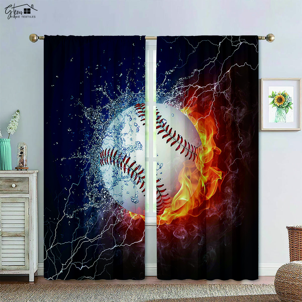 Basketball Football in Water and Fire Black Printed Curtain Rod Pocket Design Machine Washable Bedchamber Living Area Decorative Curtains