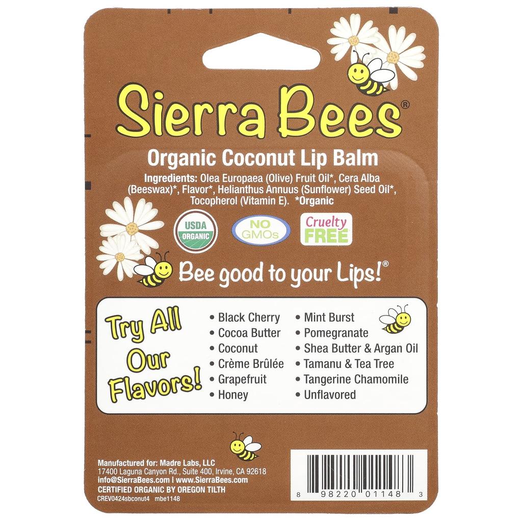 Sierra Bees Органический бальзам для губ, кокос, 4 шт., 0,15 унции (4,25 г) Каждый