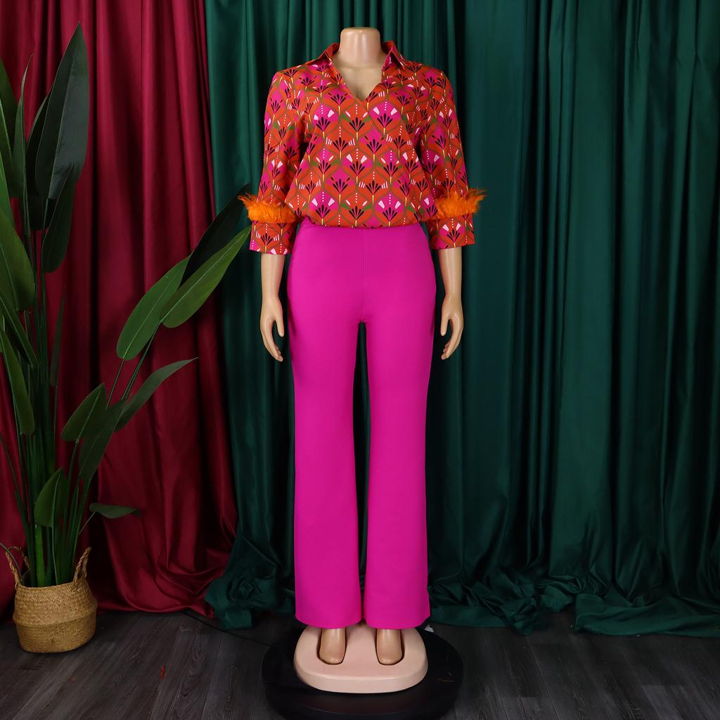 YYFS Женская мода повседневная весна осень цветные блоки принт длинный рукав поло воротник блузки и рубашки брюки костюмы