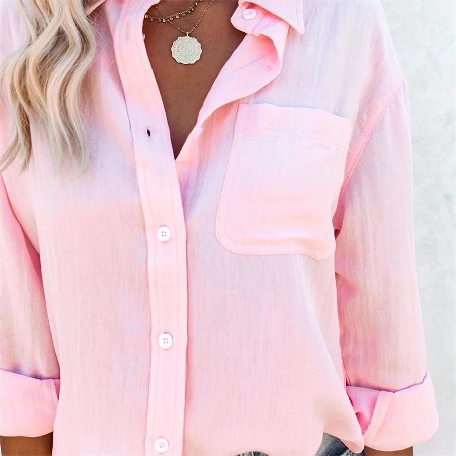 Весенне-летние топы, женская однотонная хлопково-льняная рубашка, свободная блузка с длинными рукавами и лацканами на пуговицах