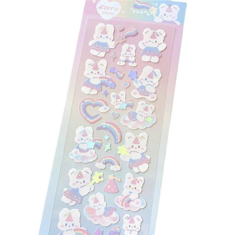 1 шт. корейская милая наклейка Kawaii Bling Bunny Rainbow с четырьмя листьями пудинг наклейка водостойкая серебряная наклейка для студентов DIY фото