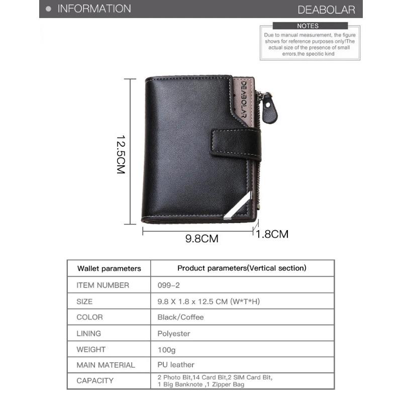 Vintage Men's Zipper Three-fold Leather Wallet Multi Function Button Purse with Multiple Card Slots and A Clear ID Window